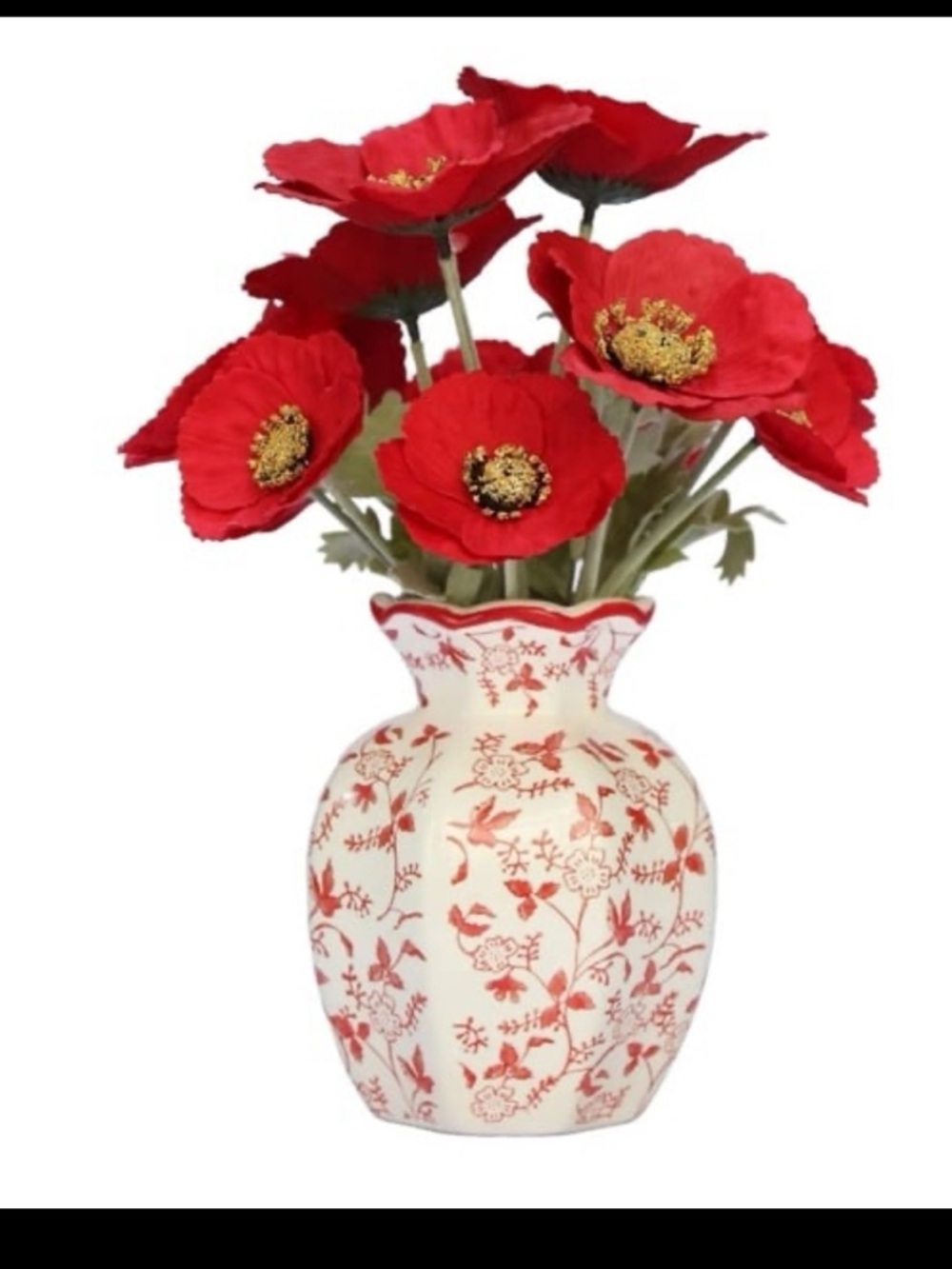 My Texas House Faux Poppies in Red and White Floral Vase, 11.5"